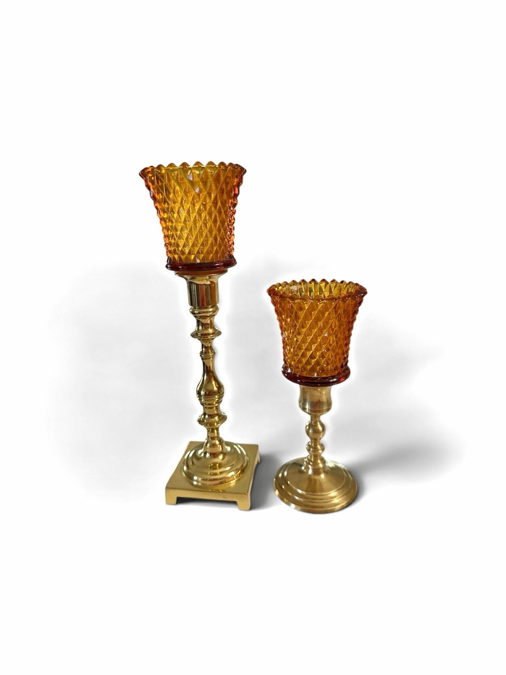 Pair of Amber Diamond-Pattern Glass and Gold Candle Holders - Home Accents